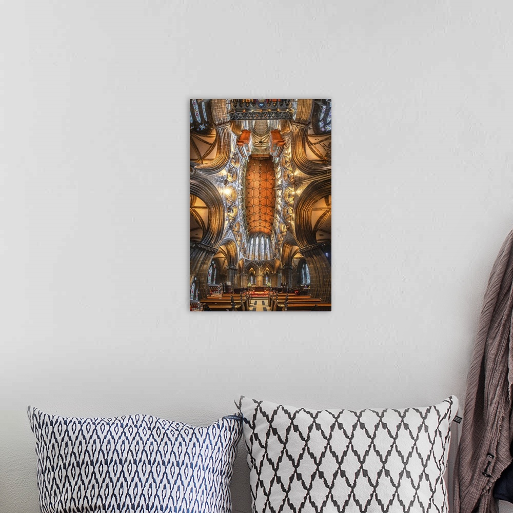 A bohemian room featuring Scotland, Glasgow. Abstract panoramic of 12th century cathedral interior and ceiling.