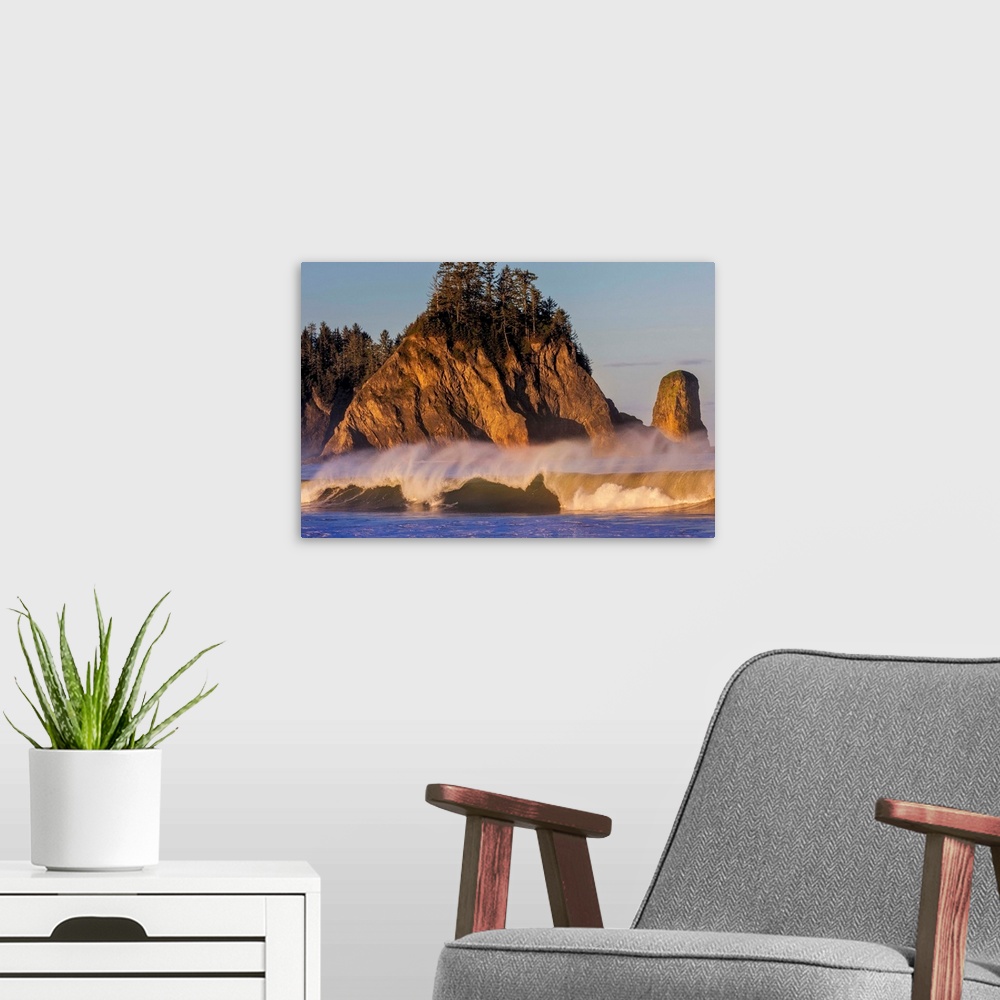 A modern room featuring Sea stacks and waves at first light on Rialto Beach in Olympic National Park, Washinton, USA