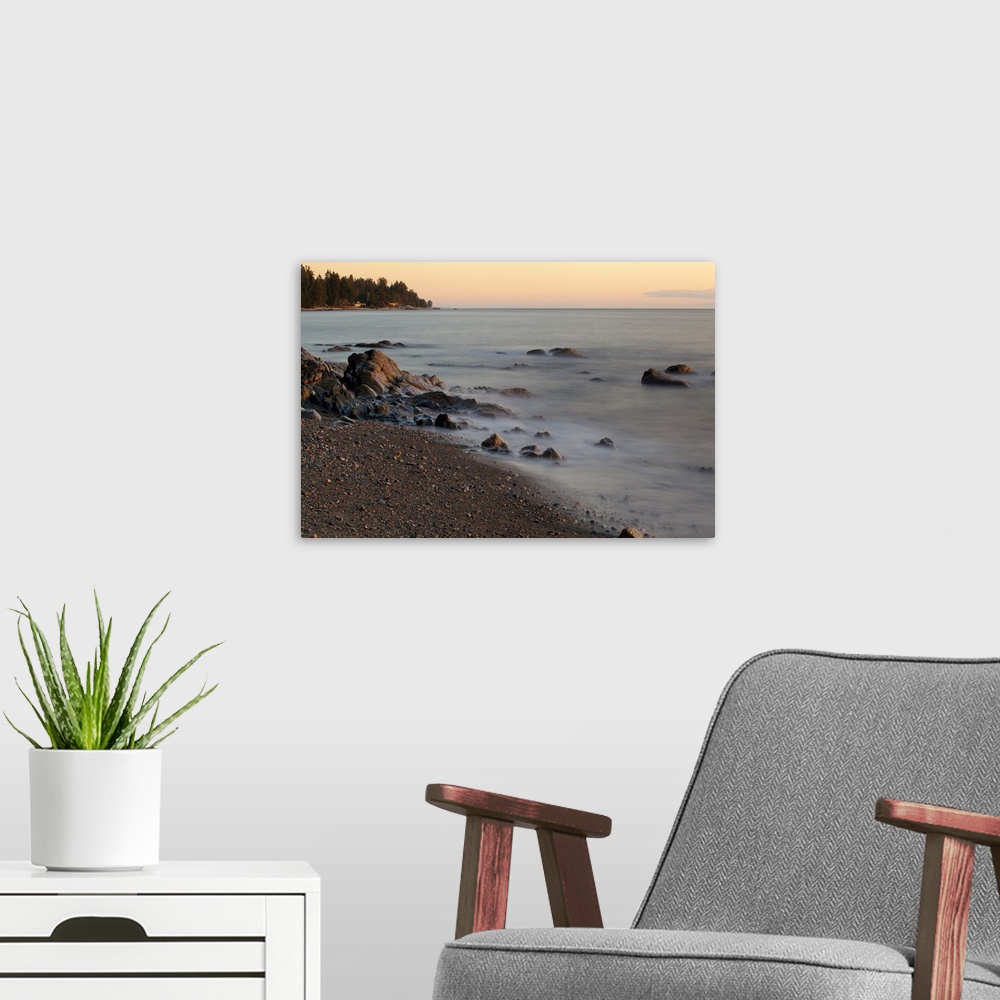 A modern room featuring Seascape with long exposure at Browning Beach, Sechelt, British Columbia, Canada