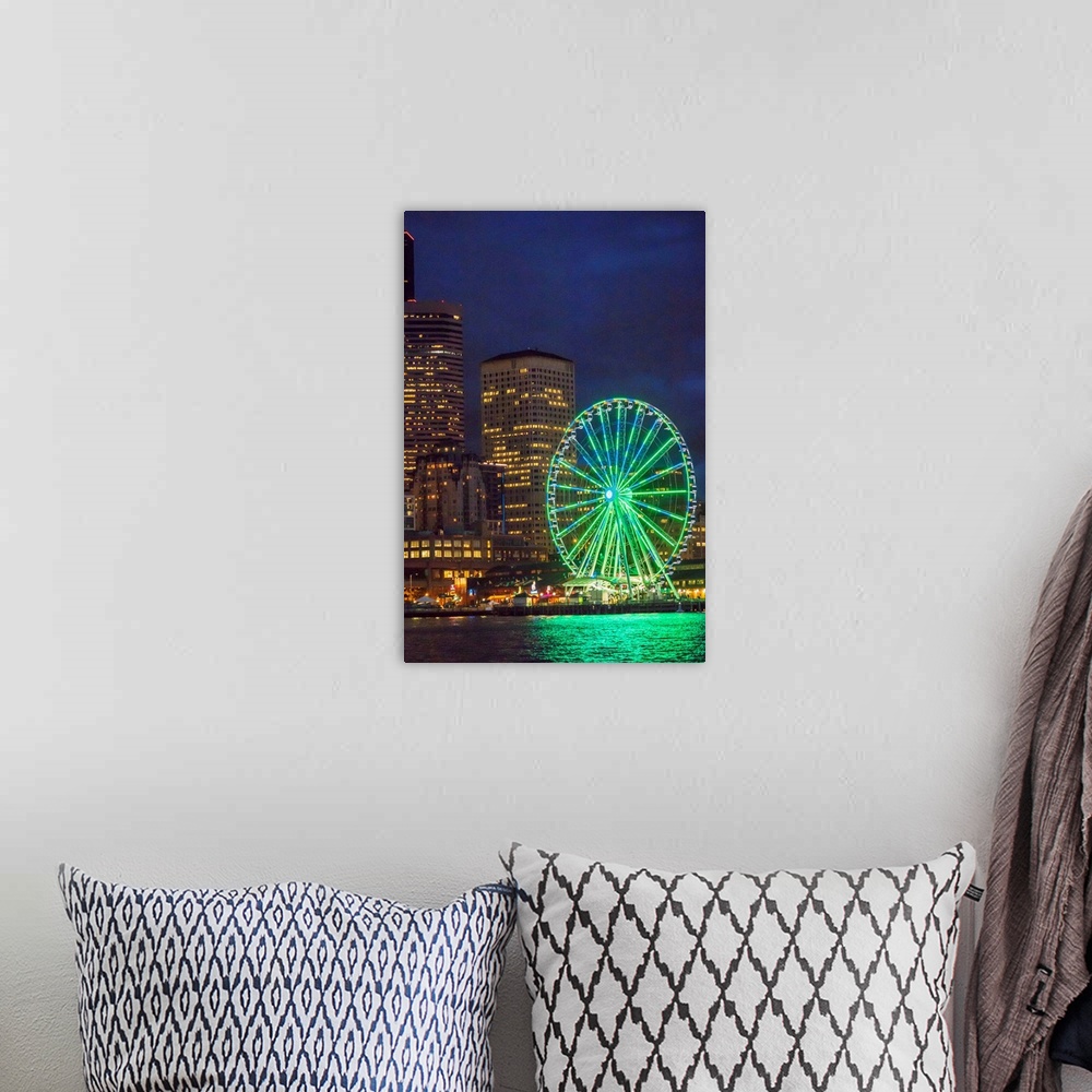 A bohemian room featuring United States, Washington, Seattle. The downtown skyline at dusk, seen from Elliott Bay looking e...