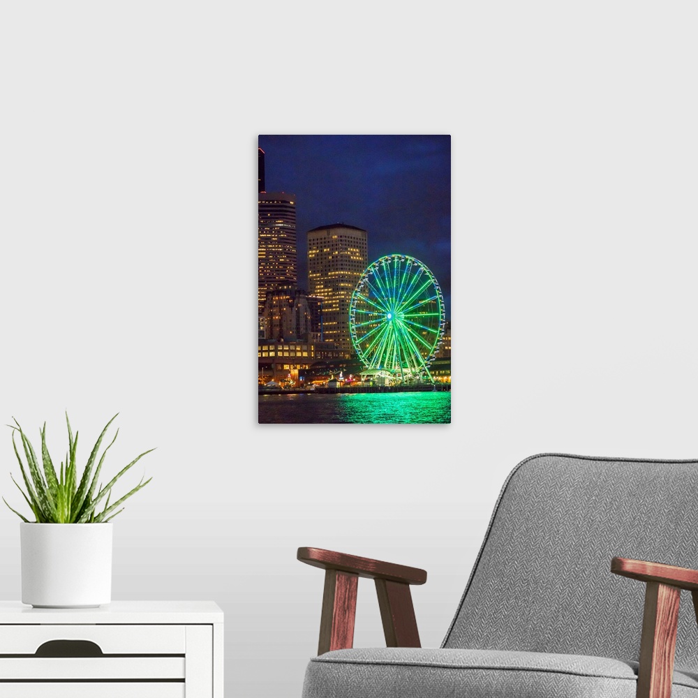 A modern room featuring United States, Washington, Seattle. The downtown skyline at dusk, seen from Elliott Bay looking e...