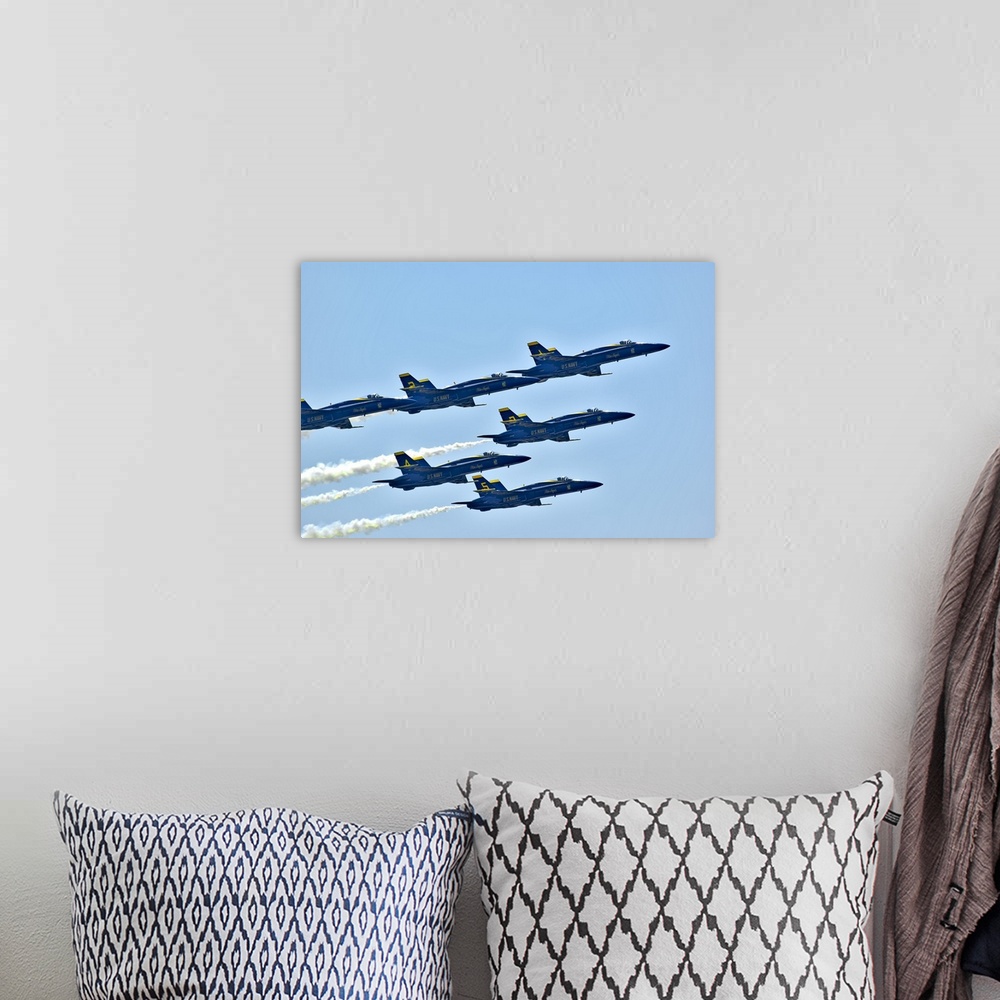 A bohemian room featuring Washington, Seattle, The Blue Angels, Navy precision flying team, six F/A-18 Hornet aircraft.