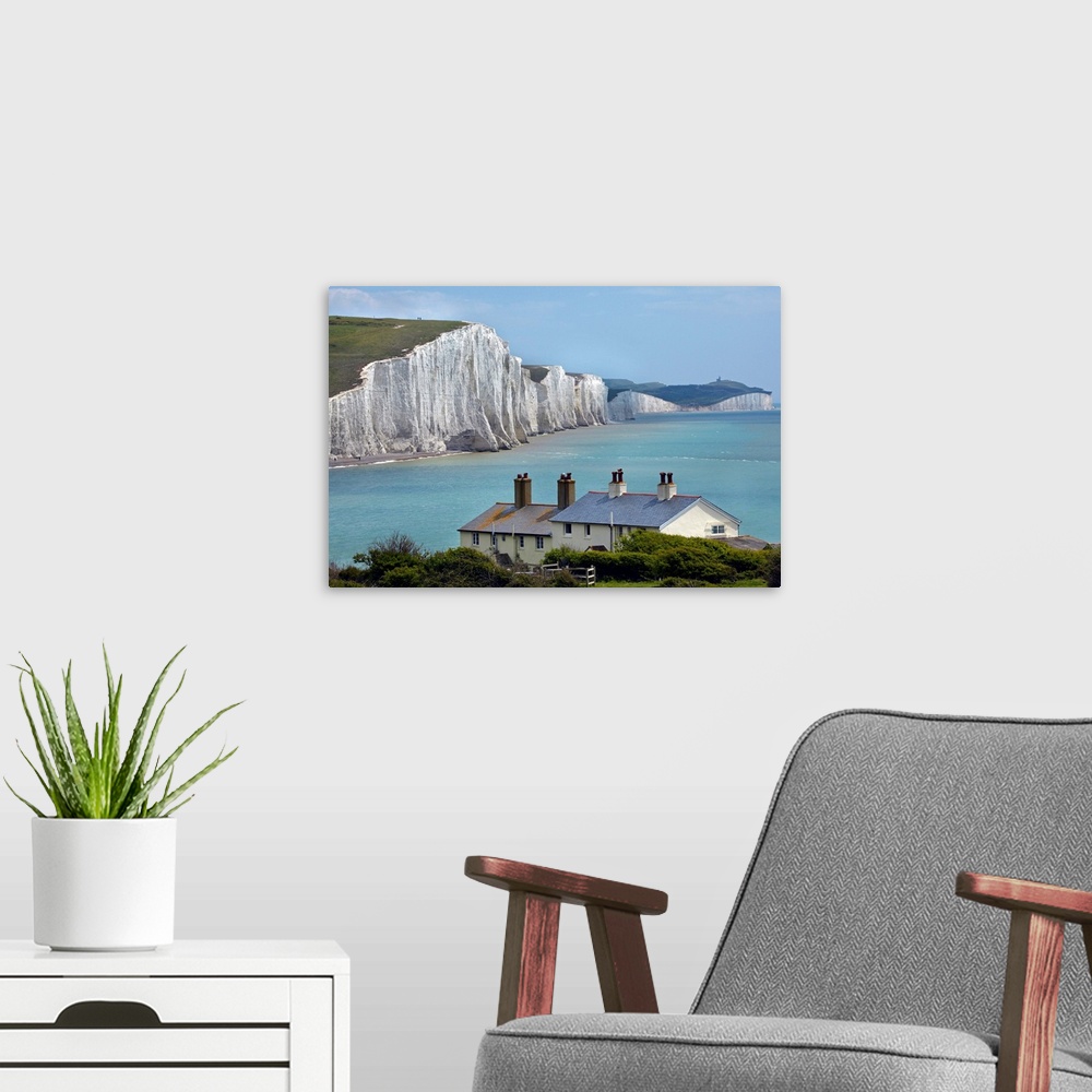 A modern room featuring Seven Sisters Chalk Cliffs, and coastguard cottages, Cuckmere Haven, near Seaford, East Sussex, E...