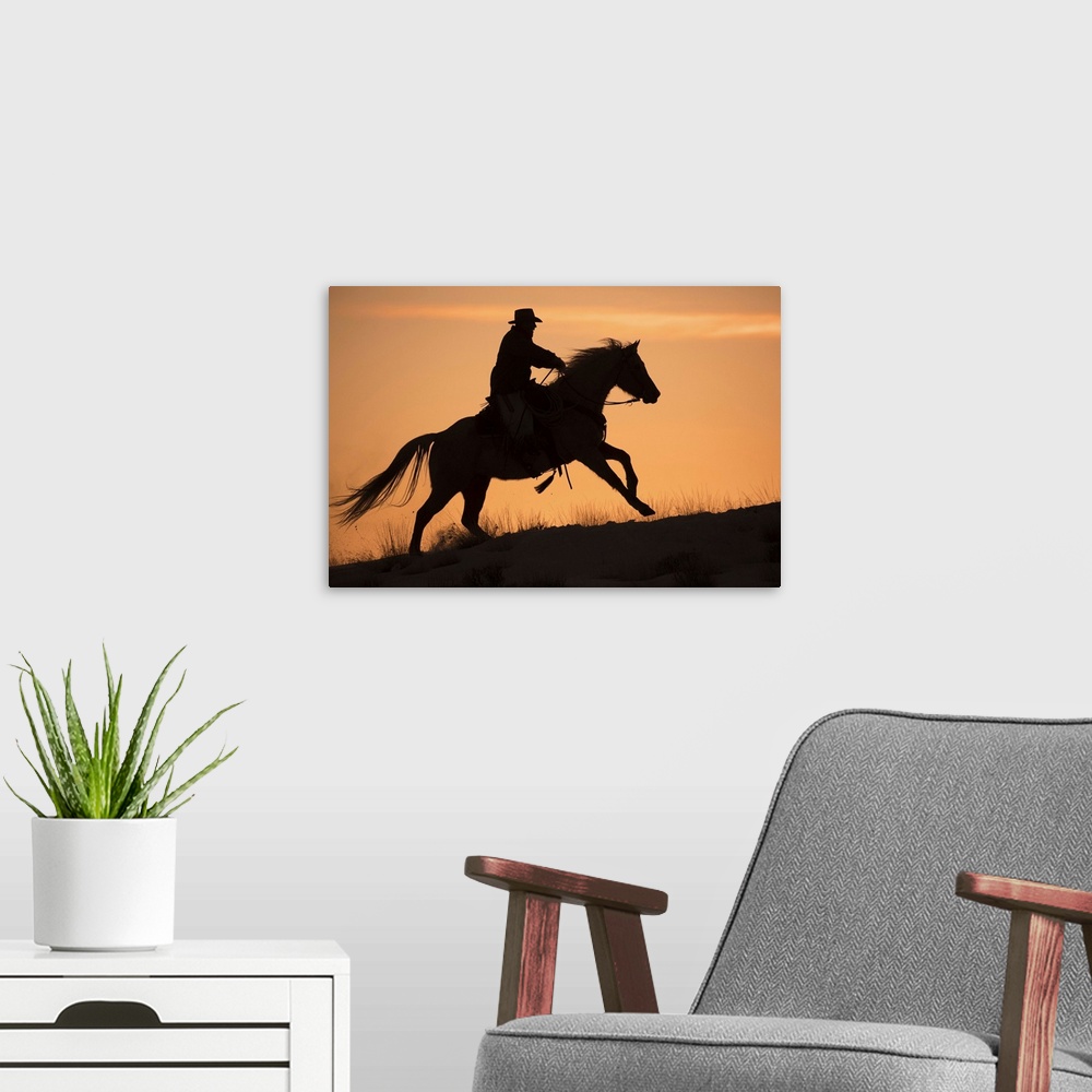A modern room featuring Horse drive in winter on Hideout Ranch, Shell, Wyoming. Cowboy riding his horse silhouetted at su...