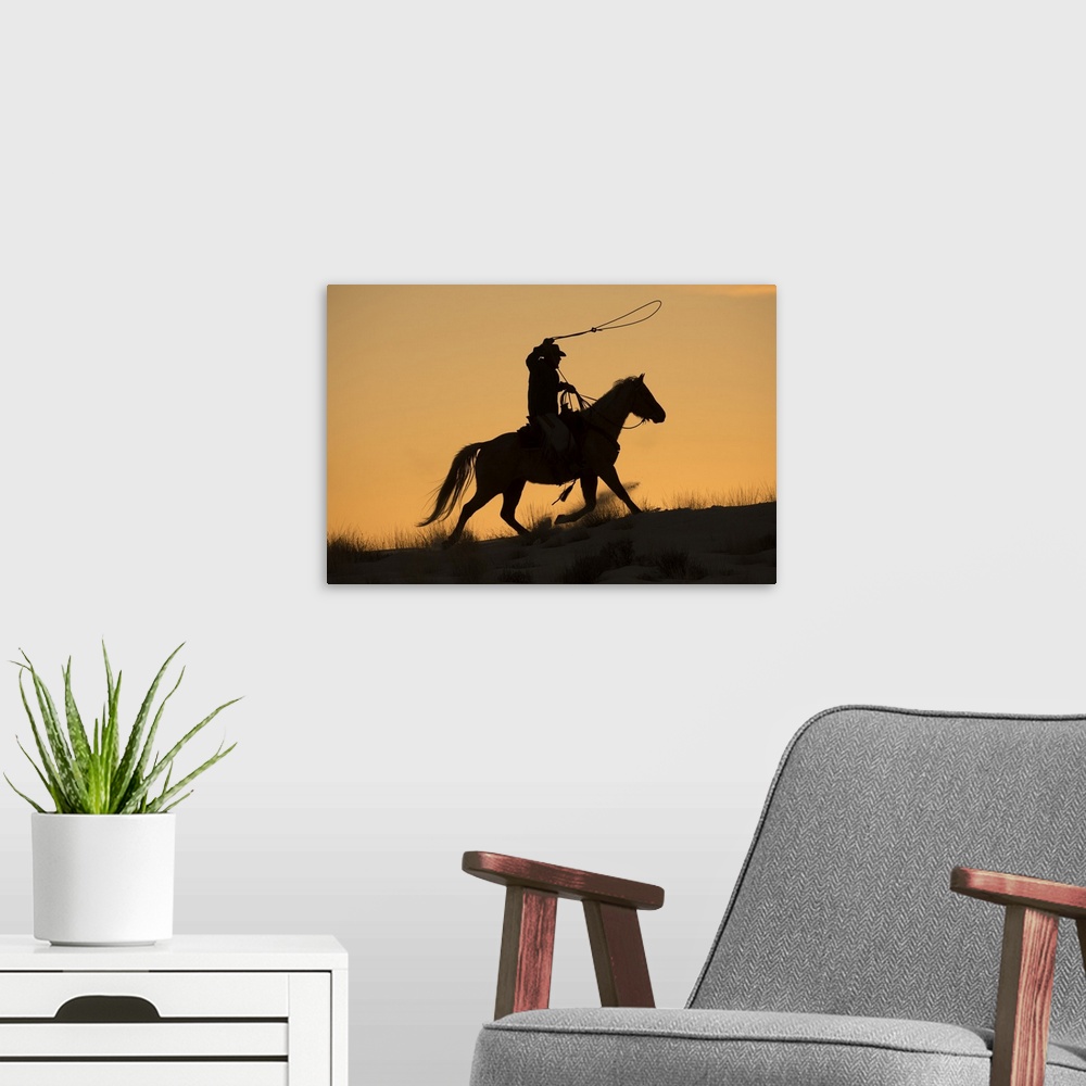 A modern room featuring Cowboy horse drive on Hideout Ranch, Shell, Wyoming. Cowboy riding his horse with rope out silhou...