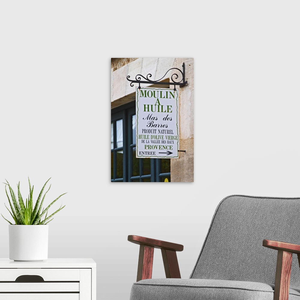 A modern room featuring Sign to the olive oil shop.  Moulin Mas des Barres olive mill, Maussanes les Alpilles, Bouches du...