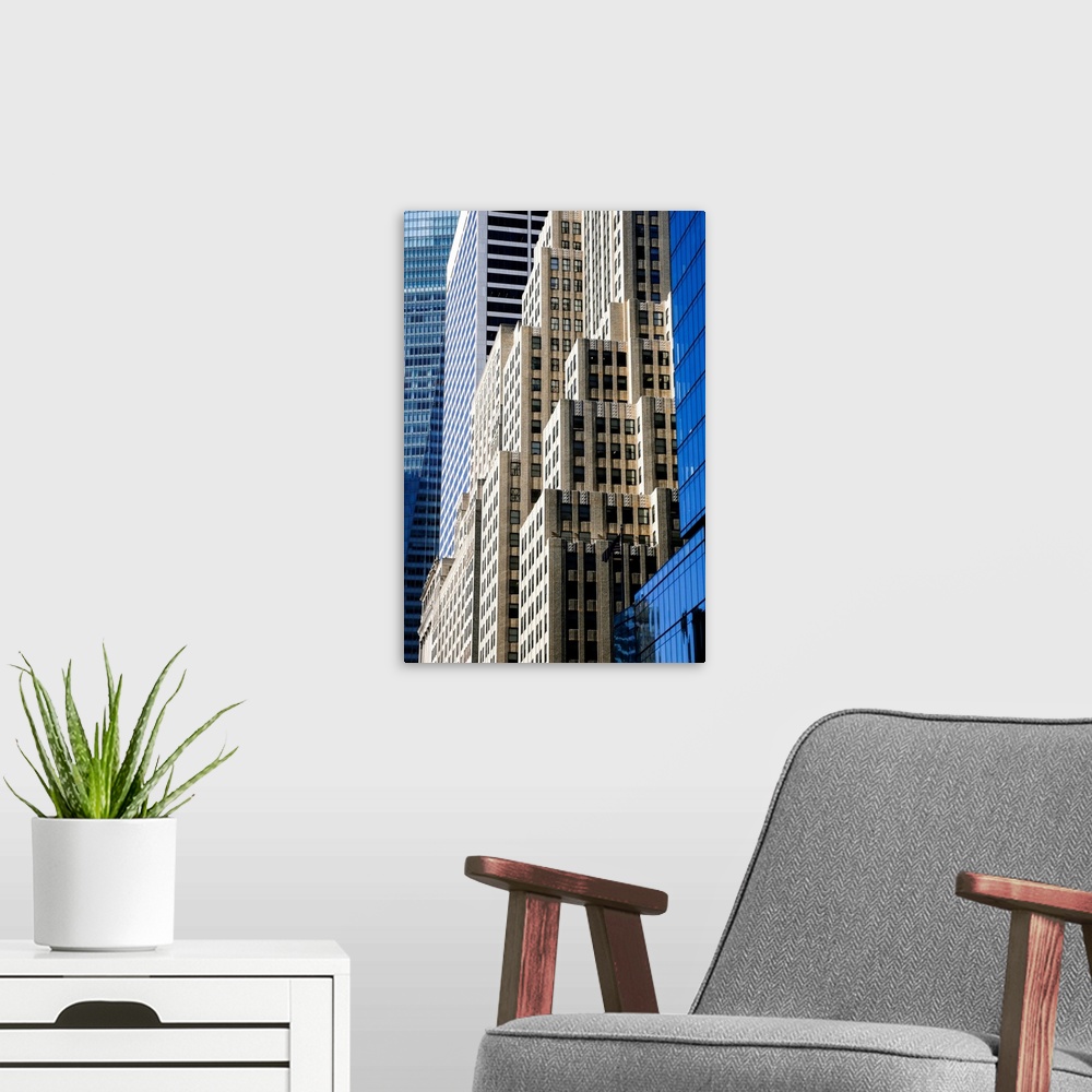 A modern room featuring Skyscrapers in downtown New York City, NY. USA