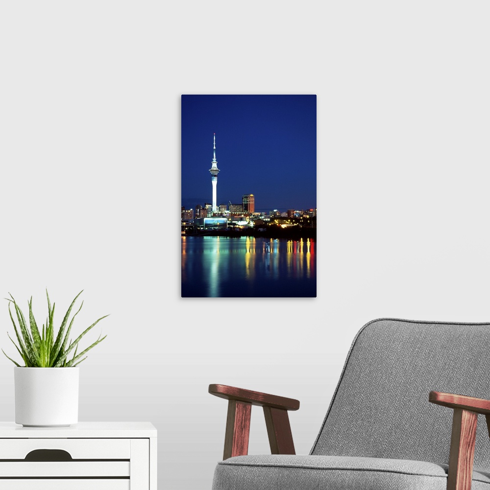 A modern room featuring Skytower reflected in St Marys Bay, Waitemata Harbour, Auckland