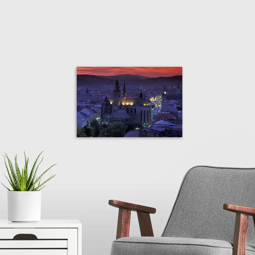 A modern room featuring Europe, Slovakia, Kosice. Cathedral of St. Elizabeth and town view at dusk