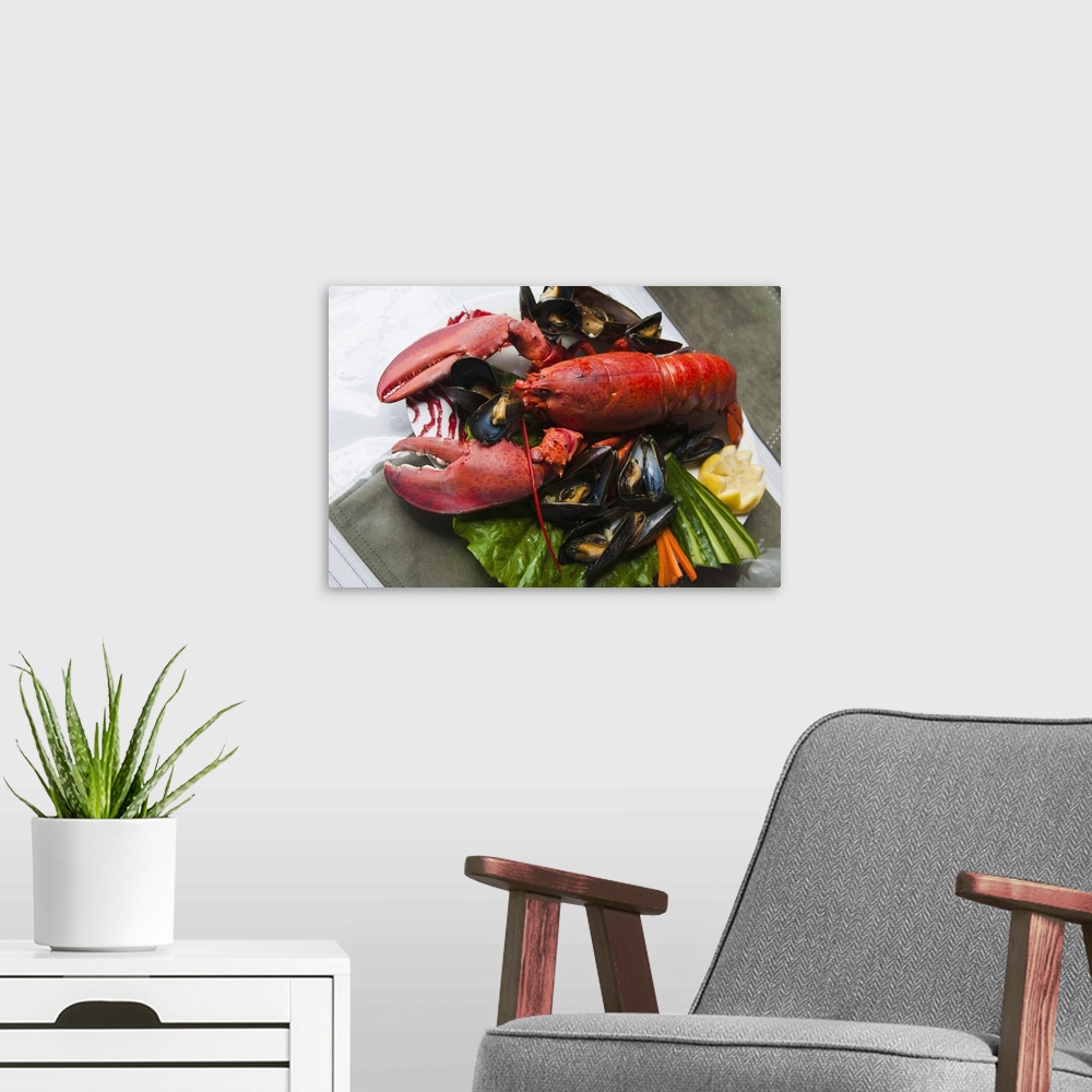A modern room featuring Souris, Prince Edward Island. Fresh lobster at the FIddlin Lobster restaurant.
