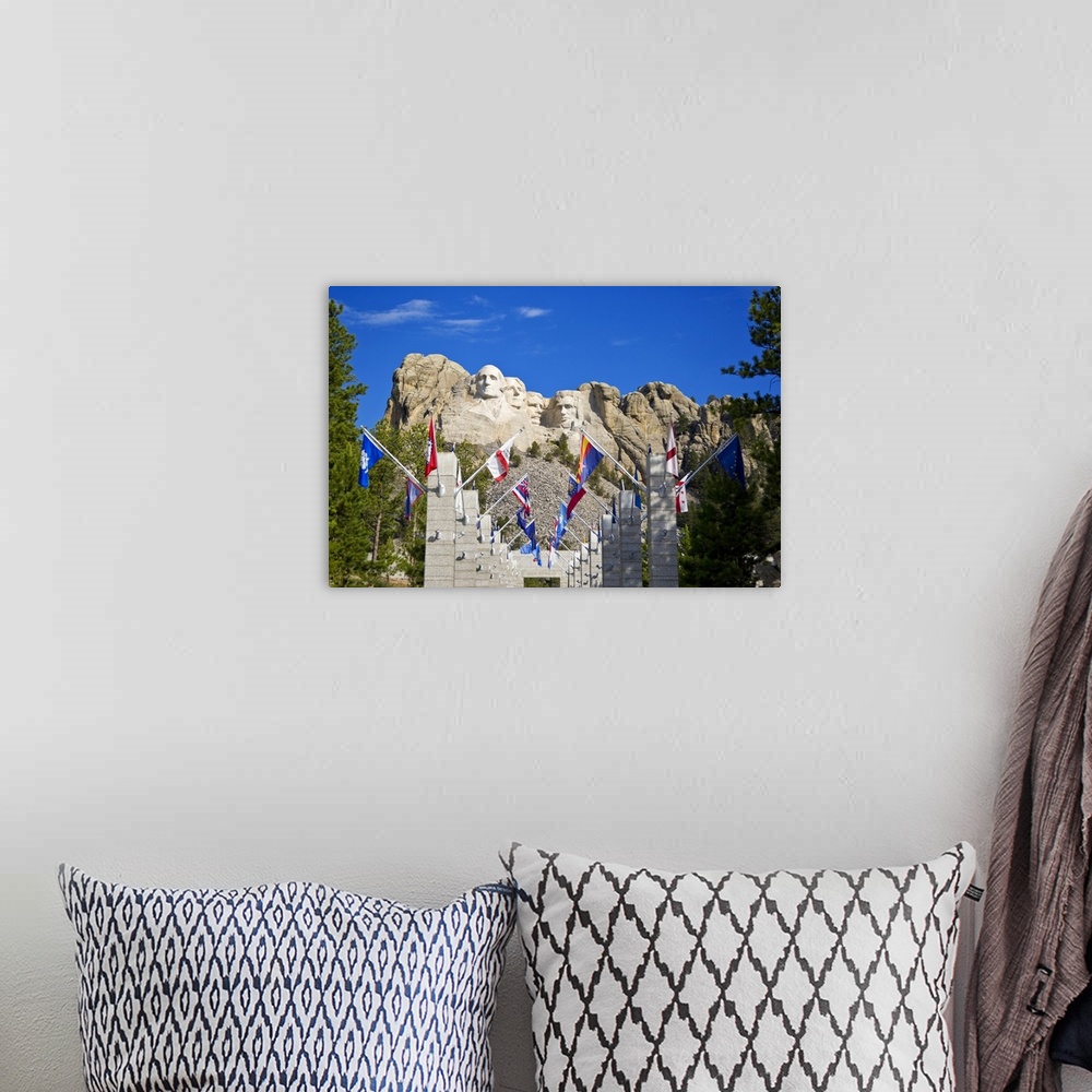 A bohemian room featuring USA, South Dakota, overview of Mount Rushmore National Memorial in daytime, framed by Grand View ...
