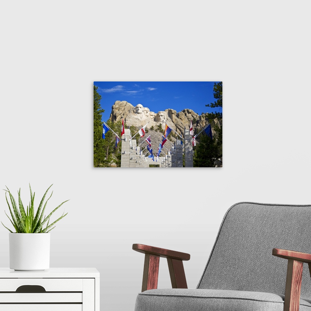 A modern room featuring USA, South Dakota, overview of Mount Rushmore National Memorial in daytime, framed by Grand View ...