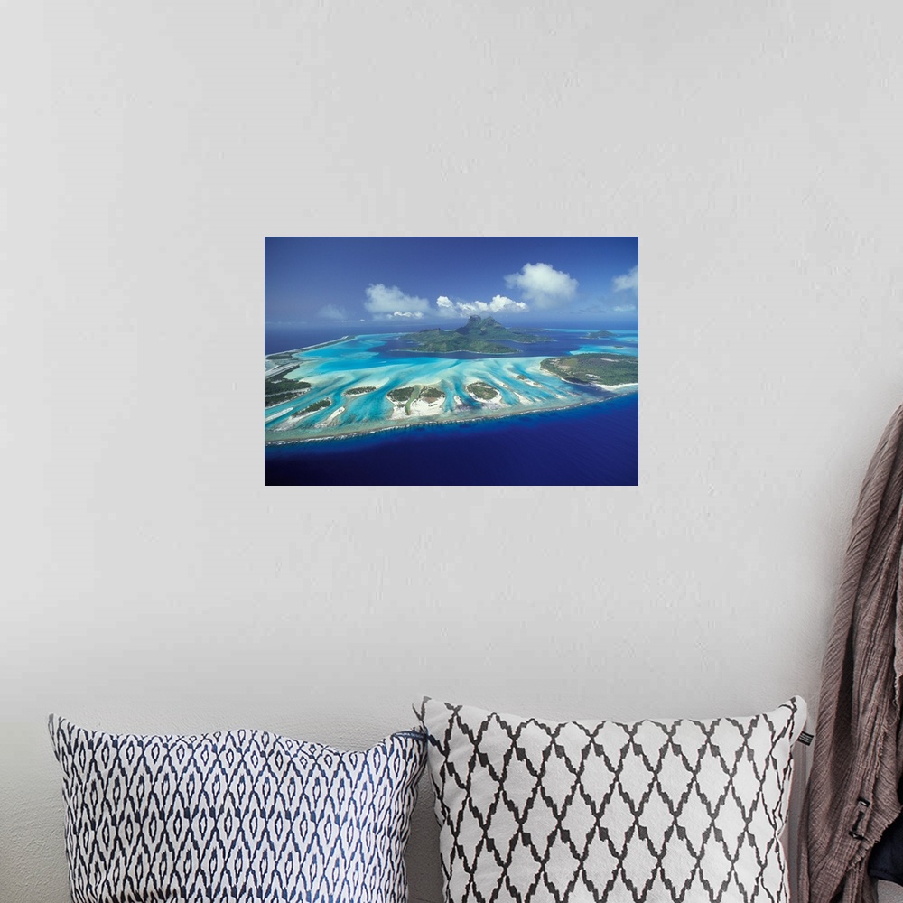 A bohemian room featuring South Pacific, French Polynesia, Bora Bora, aerial landscape.