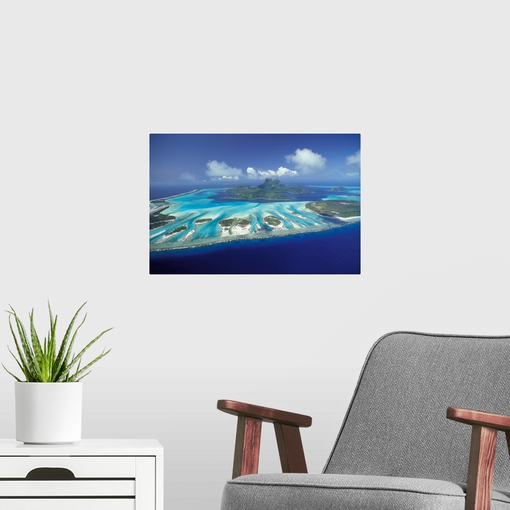 A modern room featuring South Pacific, French Polynesia, Bora Bora, aerial landscape.