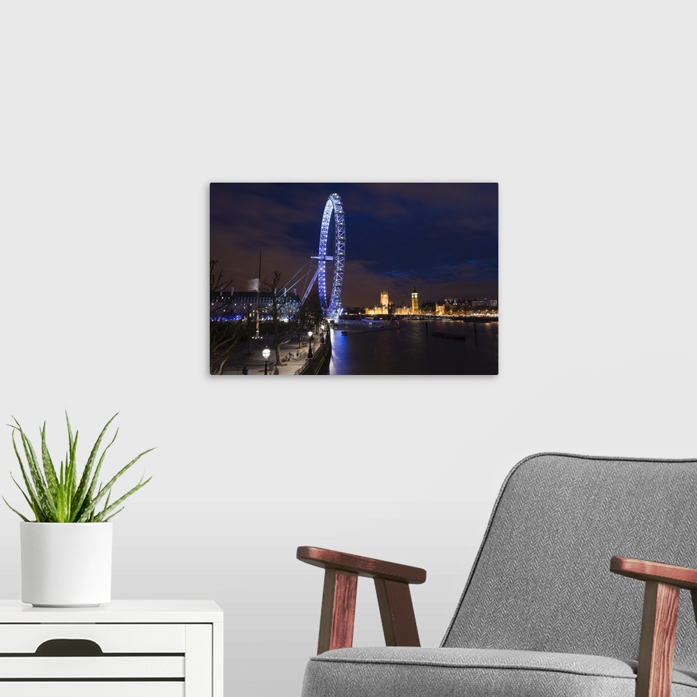 A modern room featuring ENGLAND-London:.Southbank-.The London Eye and Houses of Parliament -Evening