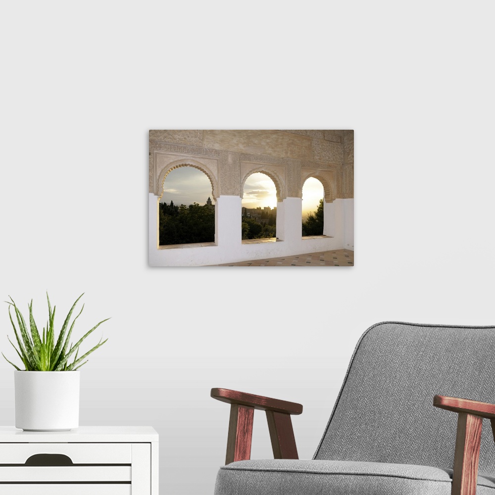 A modern room featuring Spain, Andalusia, Granada. Arched windows in the Patio de la Acequia, Generalife, The Alhambra.