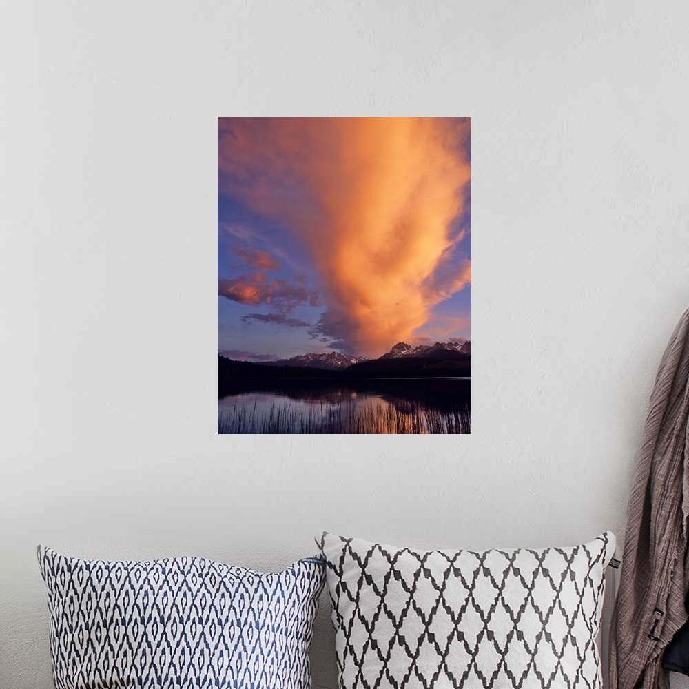 A bohemian room featuring Spectacular sunrise clouds over Little Redfish Lake in the Sawtooth Range of Idaho.