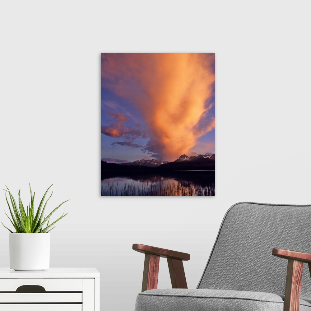 A modern room featuring Spectacular sunrise clouds over Little Redfish Lake in the Sawtooth Range of Idaho.