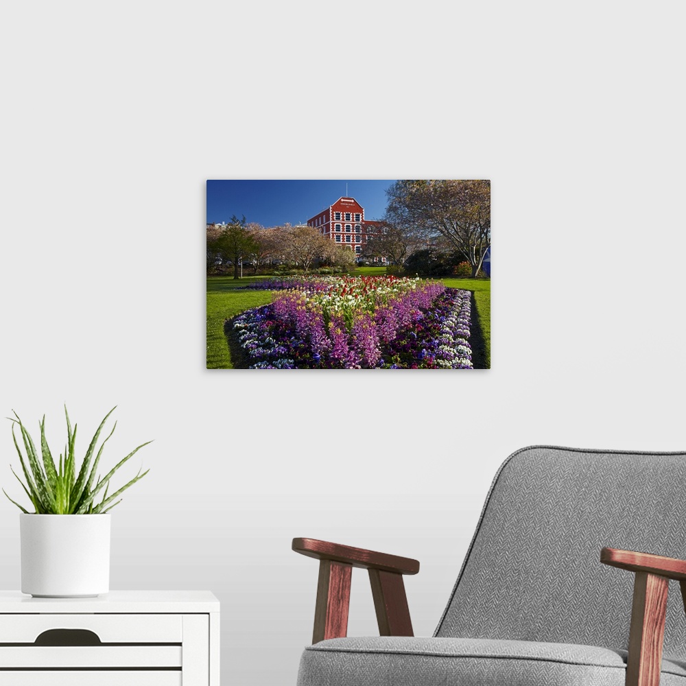 A modern room featuring Spring flowers and historic Crown Mills Building, Dunedin, Otago, South Island, New Zealand.