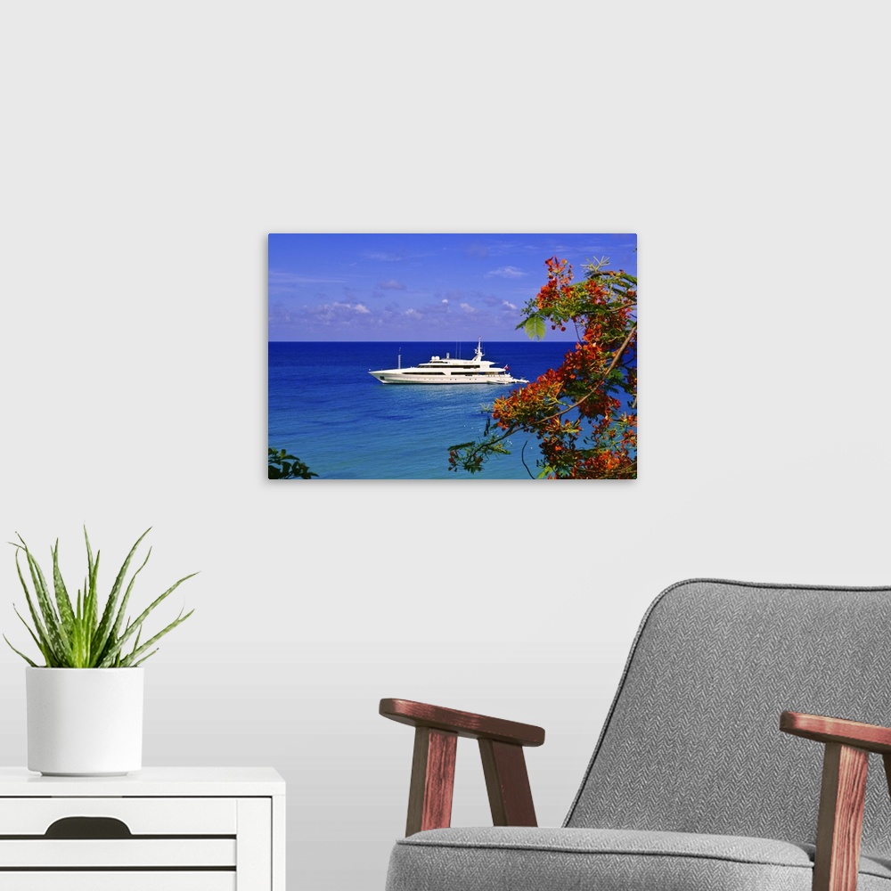 A modern room featuring St. Martin/Maarten. Yacht off Long Beach (Baie Longue)