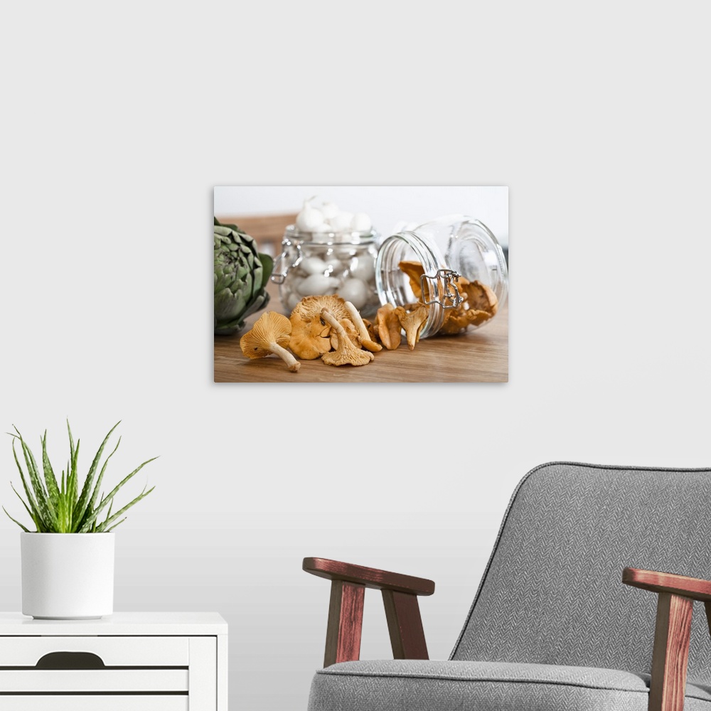 A modern room featuring Stockholm, Sweden - Closeup of dried mushrooms, onions and an artichoke on a countertop. Horizont...
