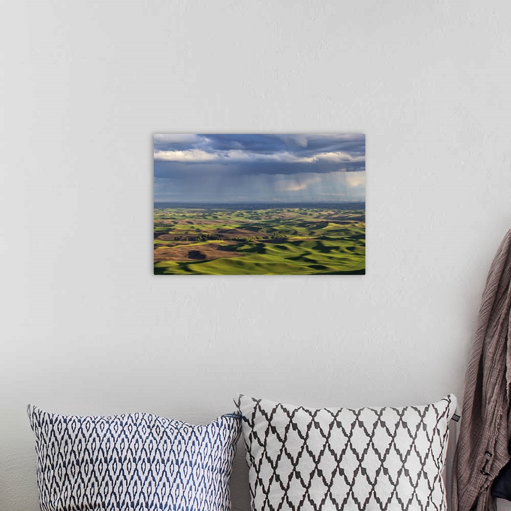 A bohemian room featuring Stormy clouds over rolling hills from Steptoe Butte near Colfax, Washington State, USA.