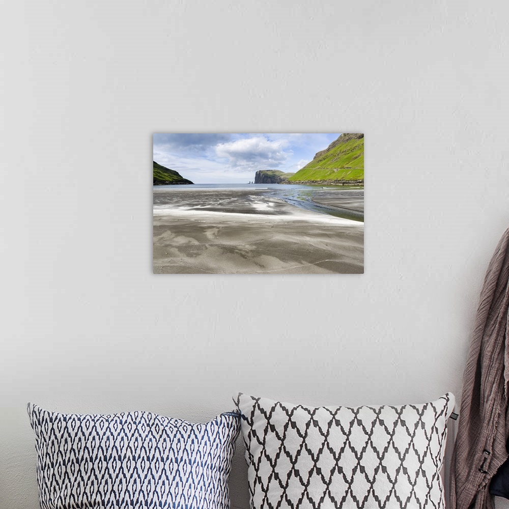 A bohemian room featuring Beach at Tjornuvik. In the background the island Eysturoy with the iconic sea stacks Risin and Ke...