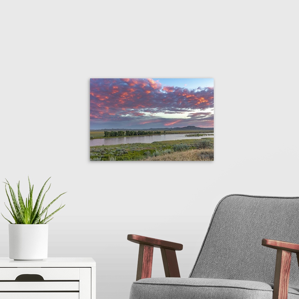 A modern room featuring USA, North America, Montana. Sunrise And Clouds Over The Yellowstone River At The Confluence With...
