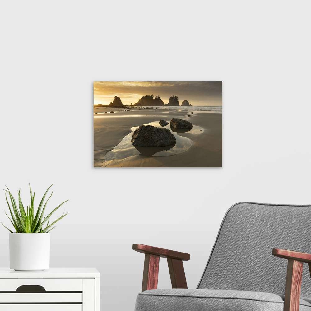 A modern room featuring USA, Washington State, Olympic National Park. Sunrise on coast beach and rocks. Credit: Jim Nilsen