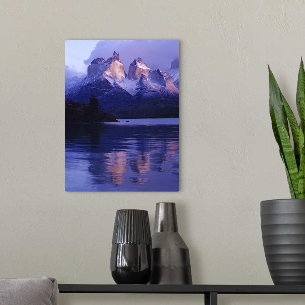 A modern room featuring Cuernos del Paine, Sunrise on Cuernos (Horns) del Paine, Torres del Paine National Park, near Pue...