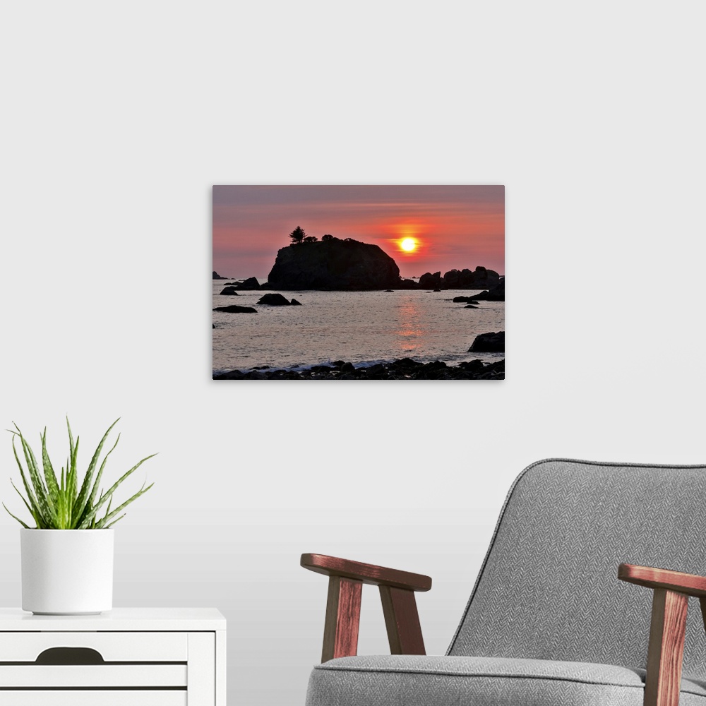 A modern room featuring Sunset and sea stacks along Northern California coastline, Crescent City