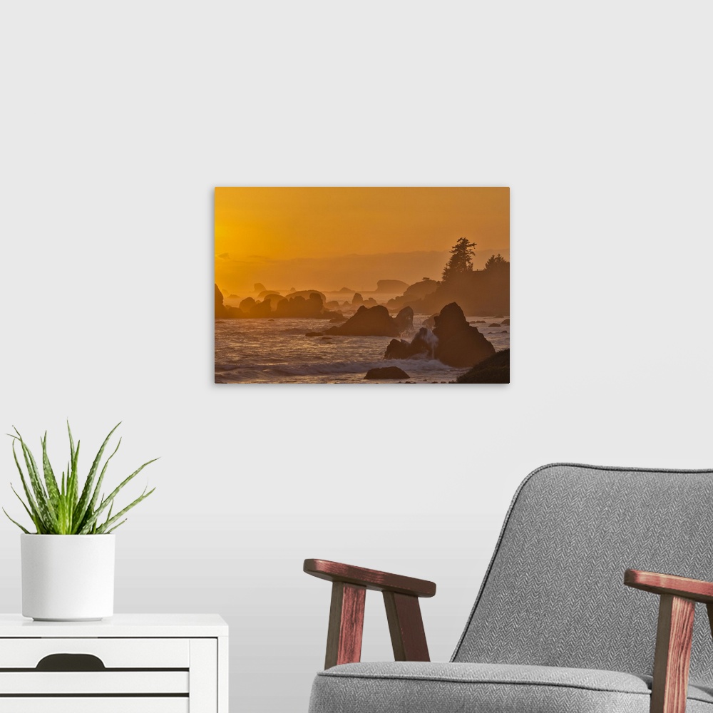A modern room featuring Sunset and sea stacks along the Northern California coastline, Crescent City