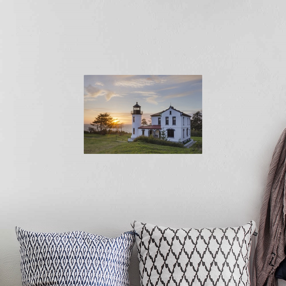 A bohemian room featuring Sunset at Admiralty Head Lighthouse, Fort Casey State Park on Whidbey Island, Washington State.