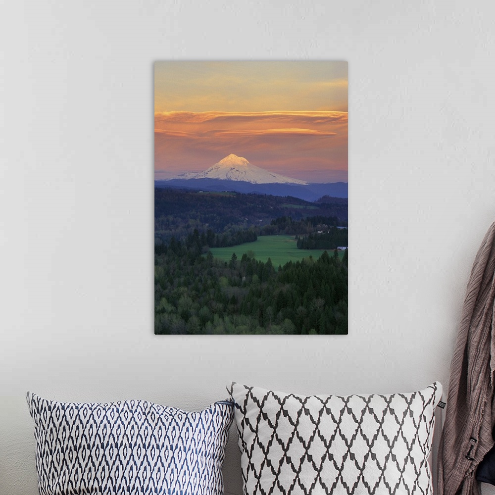 A bohemian room featuring Sunset light colors clouds over Mt Hood, Oregon Cascades.