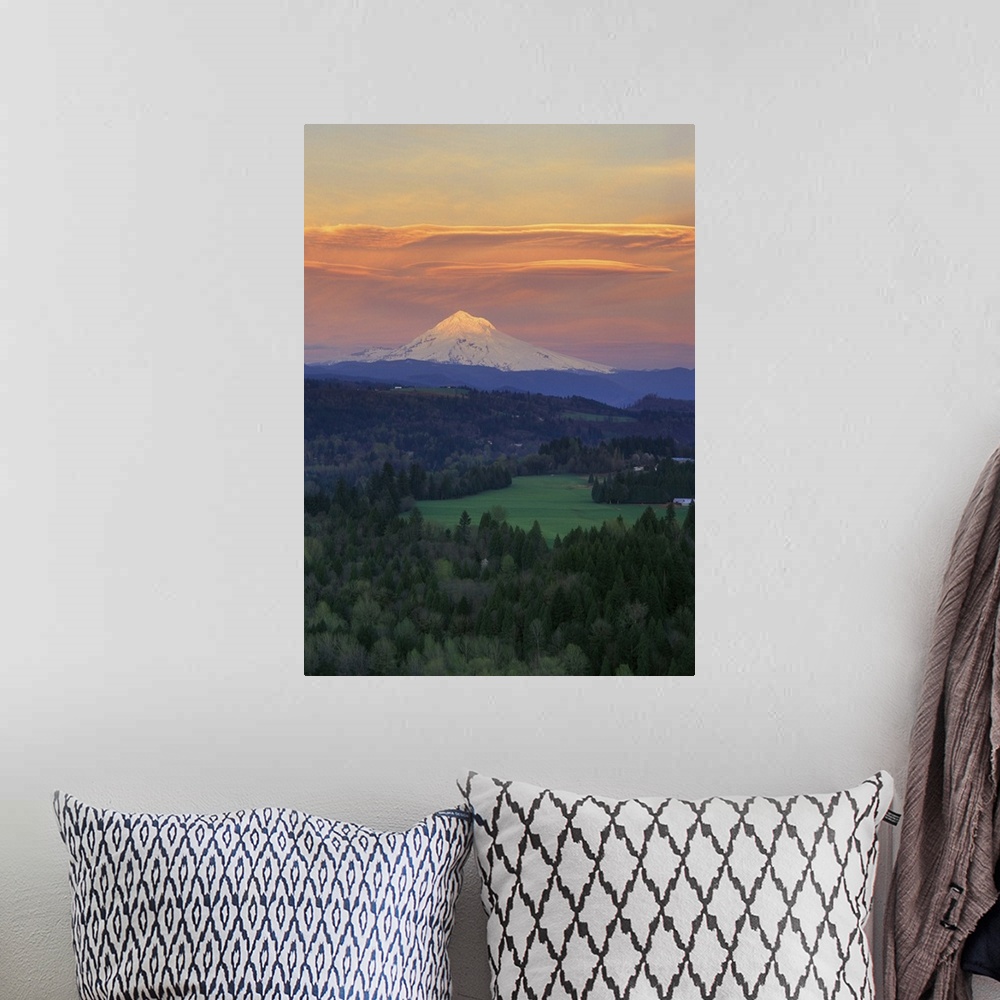 A bohemian room featuring Sunset light colors clouds over Mt Hood, Oregon Cascades.