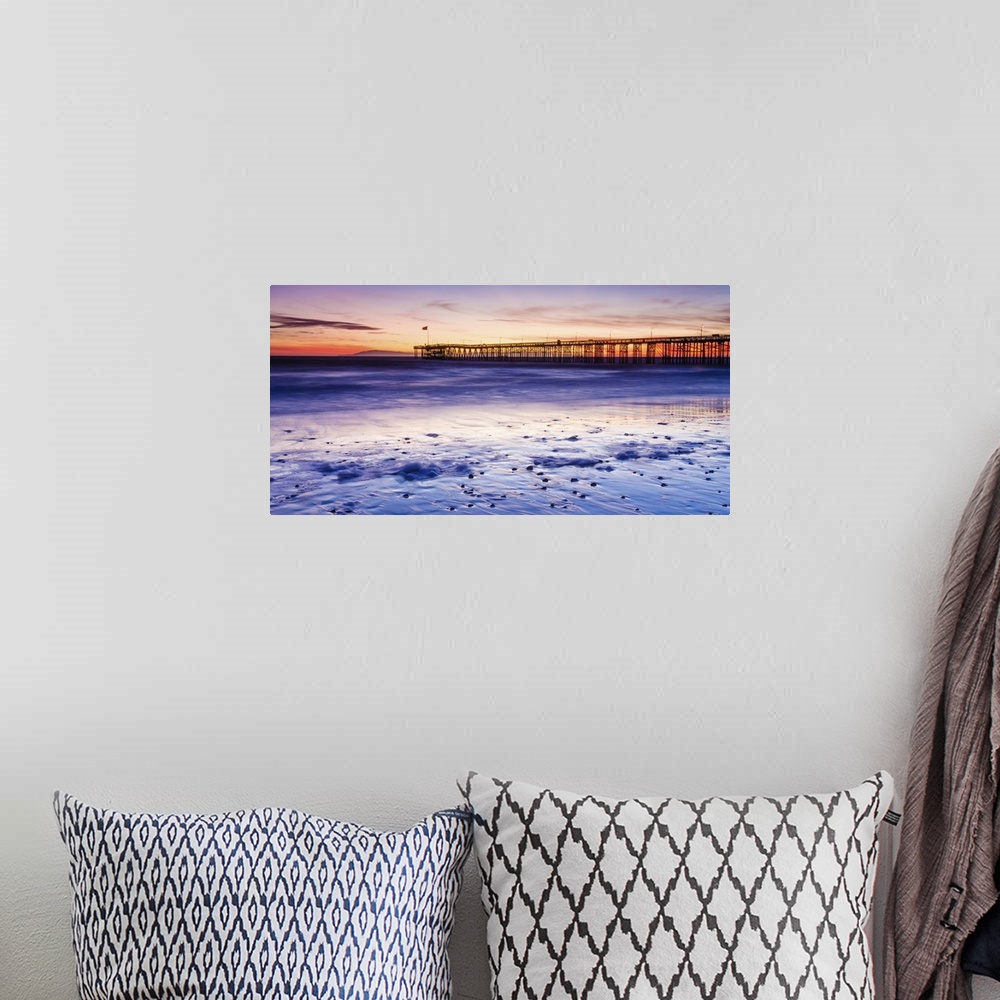 A bohemian room featuring Sunset over the Channel Islands and Ventura Pier from San Buenaventura State Beach, Ventura, Cali...