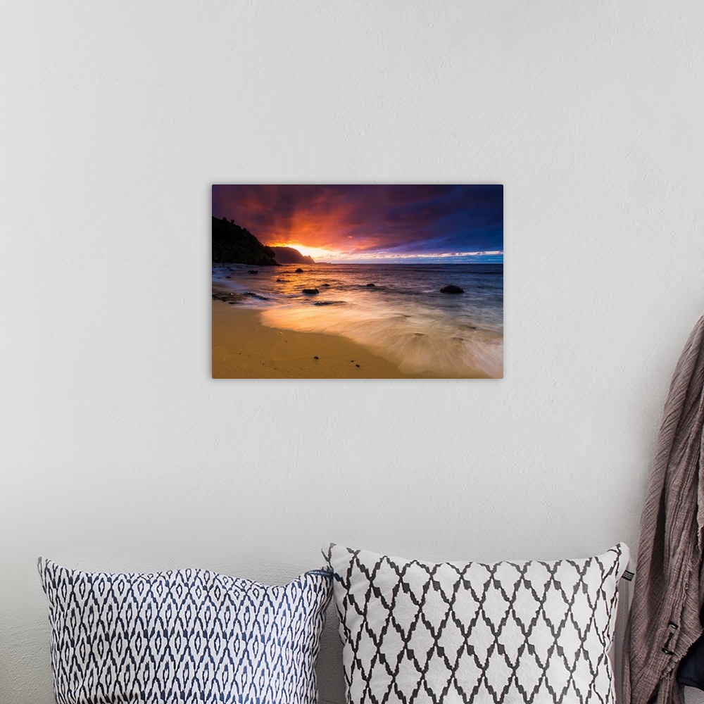 A bohemian room featuring Sunset over the Na Pali Coast from Hideaways Beach, Princeville, Kauai, Hawaii USA
