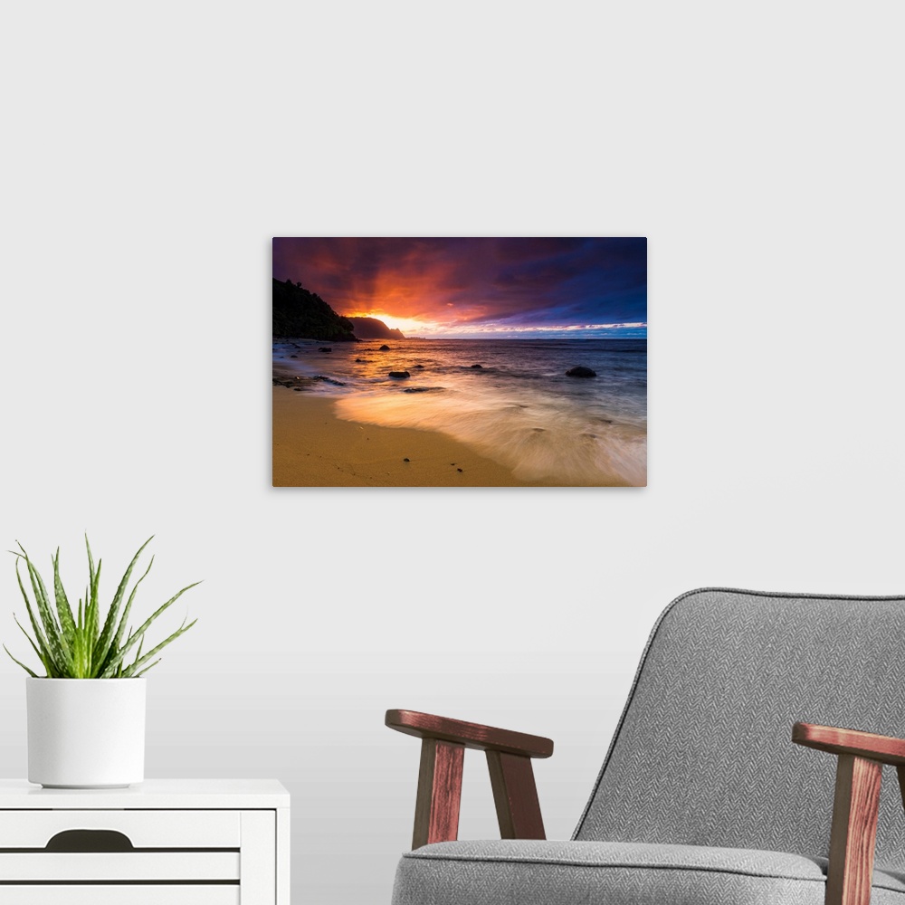A modern room featuring Sunset over the Na Pali Coast from Hideaways Beach, Princeville, Kauai, Hawaii USA
