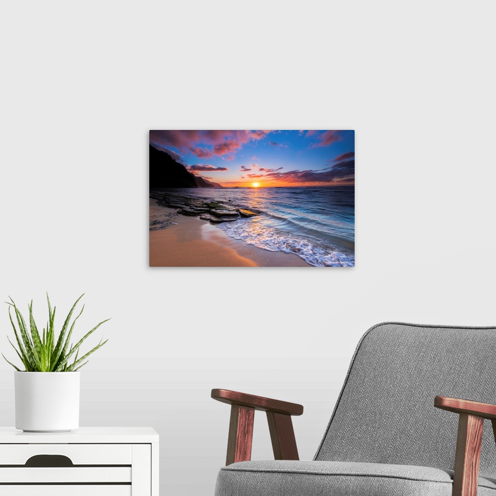 A modern room featuring Sunset over the Na Pali Coast from Ke'e Beach, Haena State Park, Kauai, Hawaii USA
