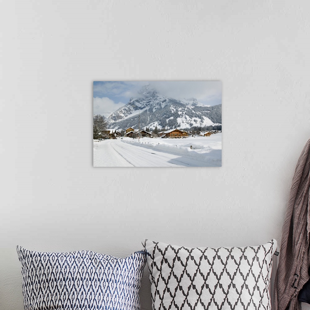 A bohemian room featuring SWITZERLAND-Bern-KANDERSTEG:Kandertal Valley- Snow Covered Road/ Winter
