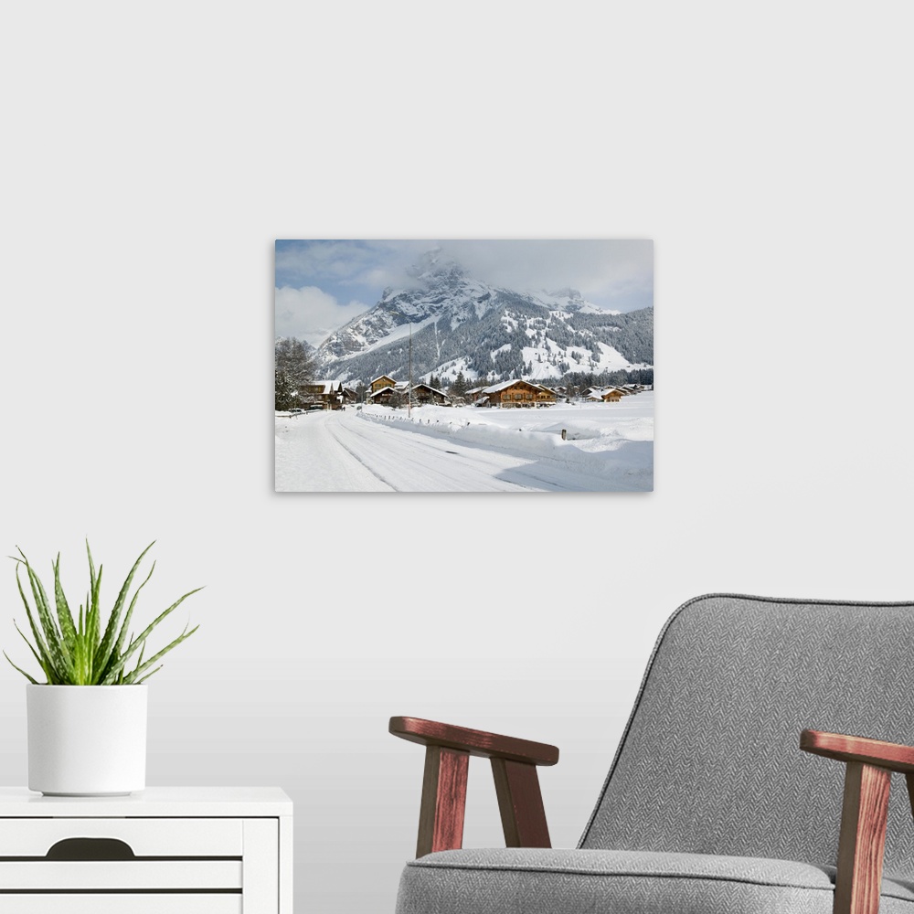 A modern room featuring SWITZERLAND-Bern-KANDERSTEG:Kandertal Valley- Snow Covered Road/ Winter