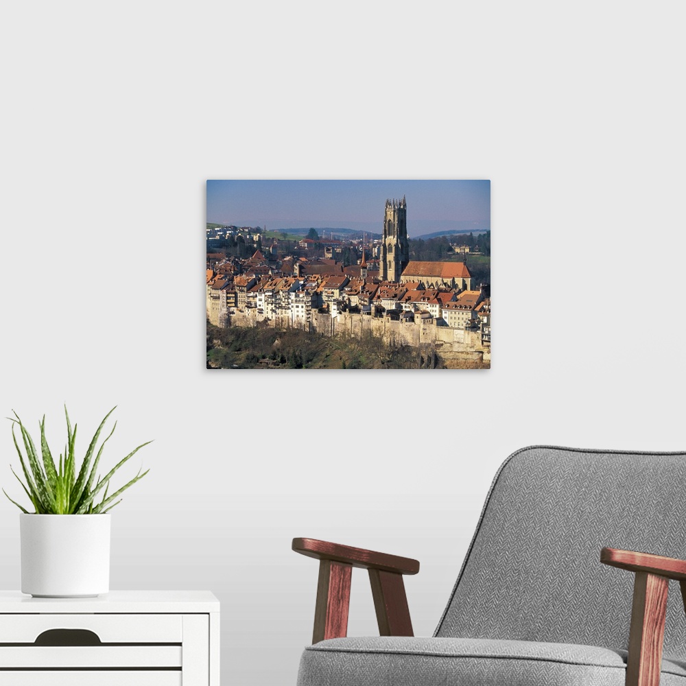 A modern room featuring Europe, Switzerland, Fribourg. Cathedral St. Nicholas and city wall