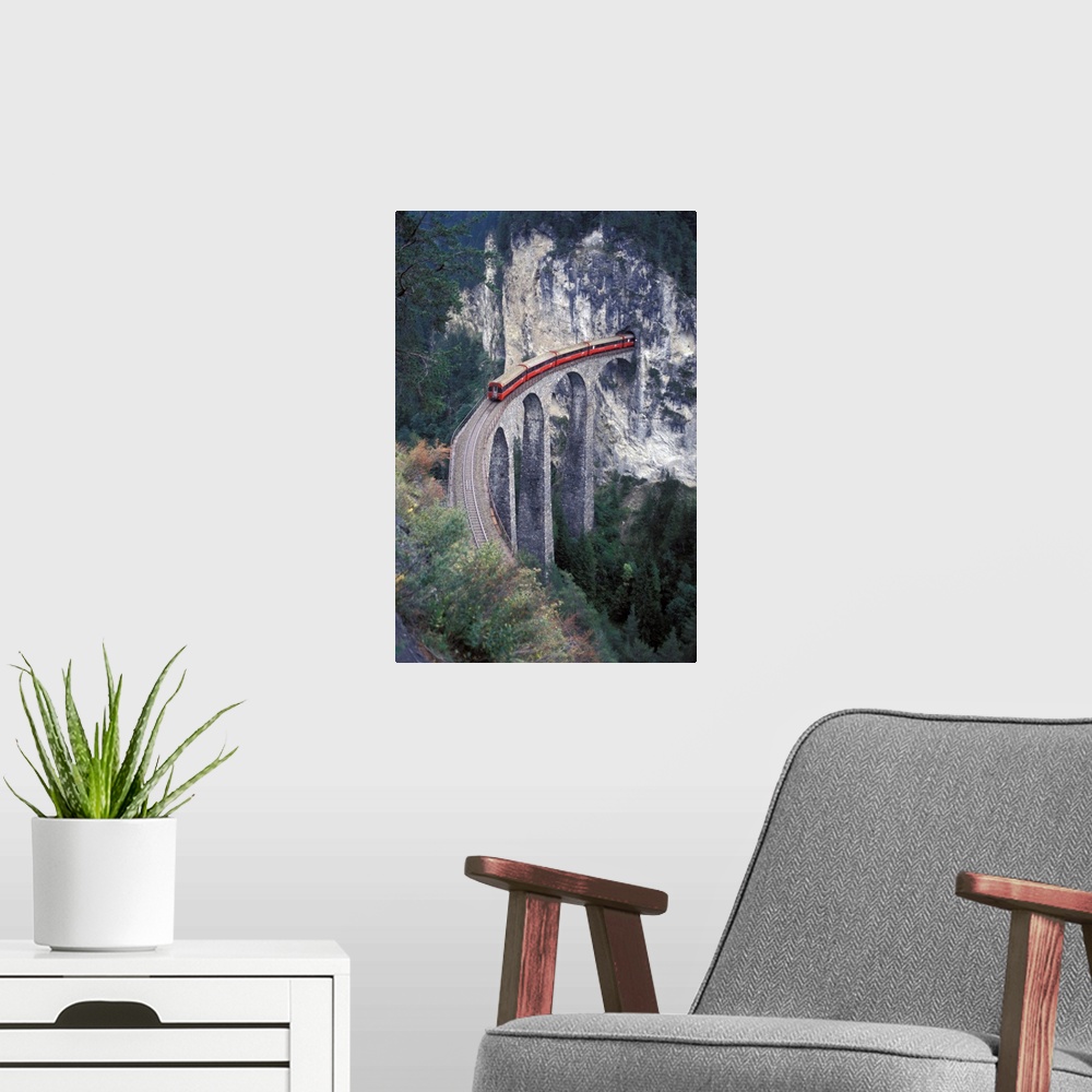 A modern room featuring Europe, Switzerland, Bernina Region, passenger train on the tallest rock bridge in Switzerland