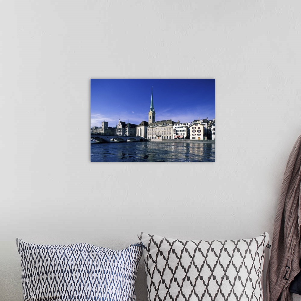 A bohemian room featuring Europe, Switzerland, Zurich. View of Fraumunster Church and Limmat River