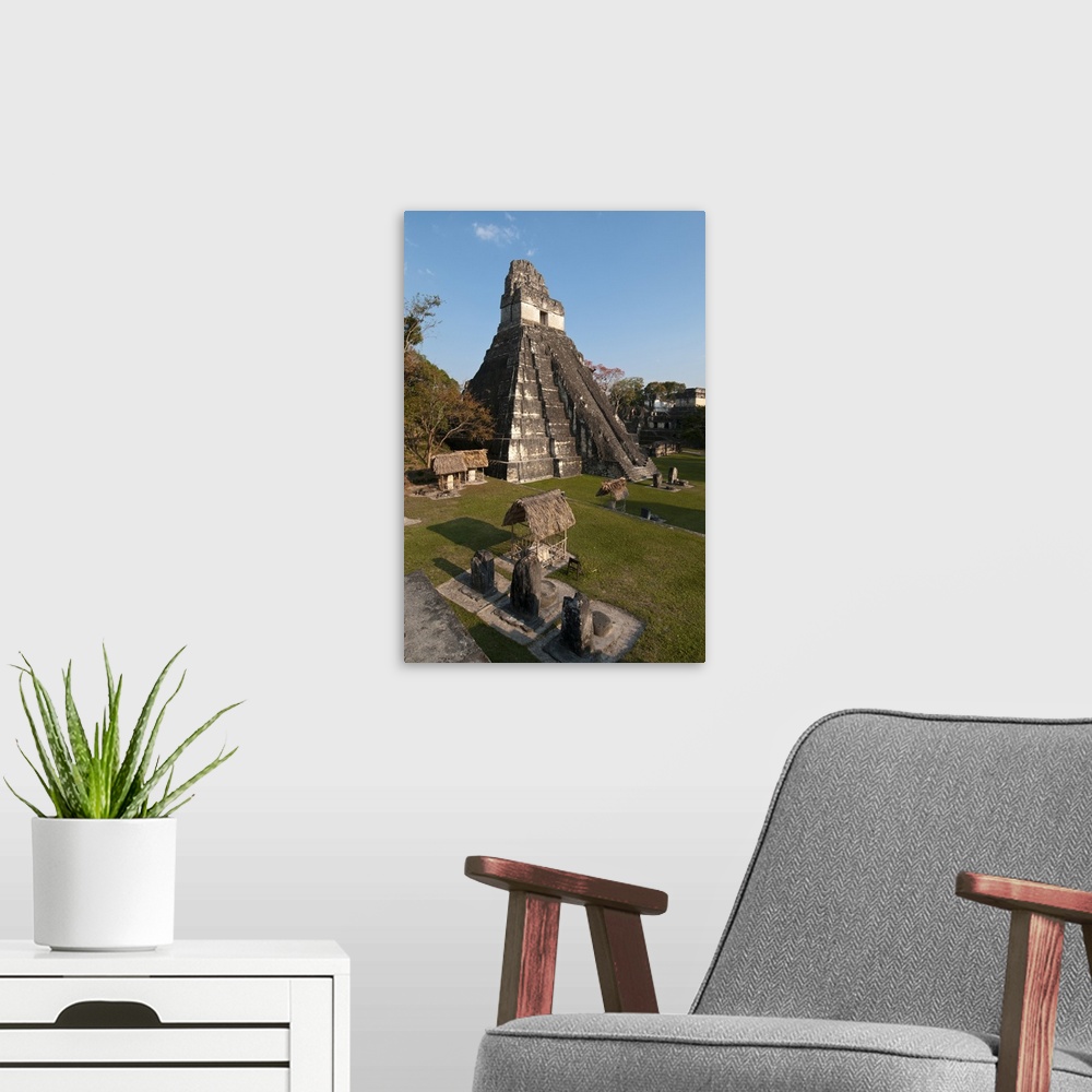 A modern room featuring Temple I known also as temple of the Giant Jaguar, Tikal mayan archaeological site, Guatemala.