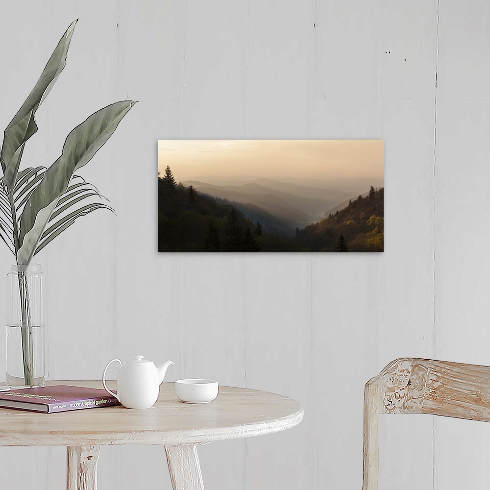 A farmhouse room featuring USA, Tennessee, Great Smoky Mountains National Park. Sunrise on mountain ridge lines.
