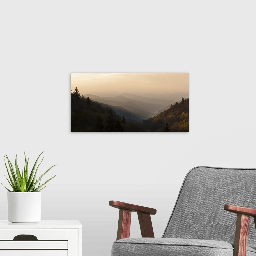 A modern room featuring USA, Tennessee, Great Smoky Mountains National Park. Sunrise on mountain ridge lines.