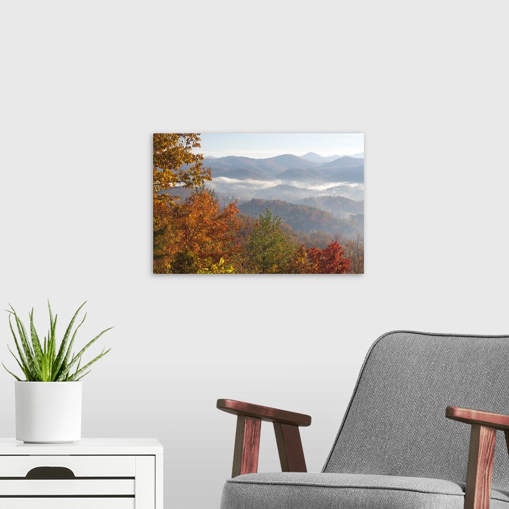 A modern room featuring US, TN. Morning light Fog in valleys Smoky Mountain NP viewed from Foothills Parkway