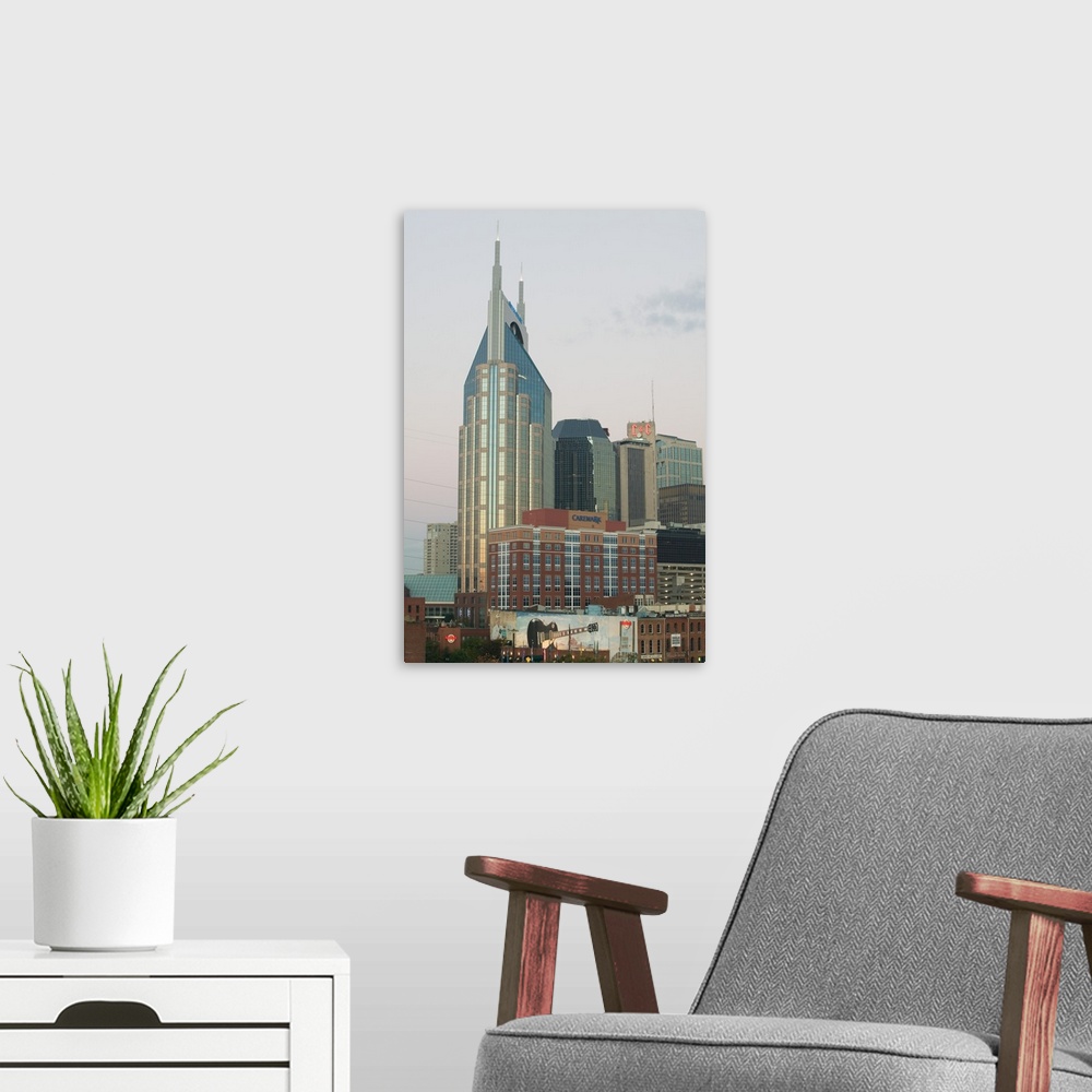 A modern room featuring Tennessee, Nashville, Bell South Tower, before Dawn.