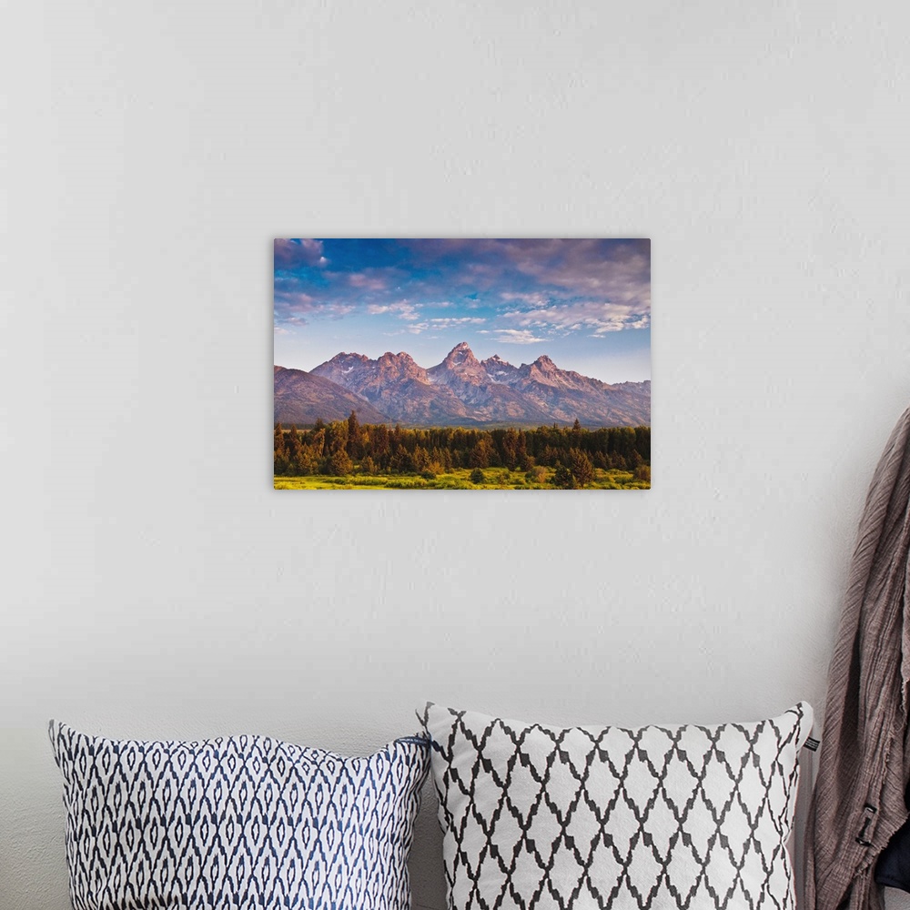 A bohemian room featuring Teton Front Range and Conifers at Sunrise, Antelope Flats, Grand Teton National Park, Wyoming.